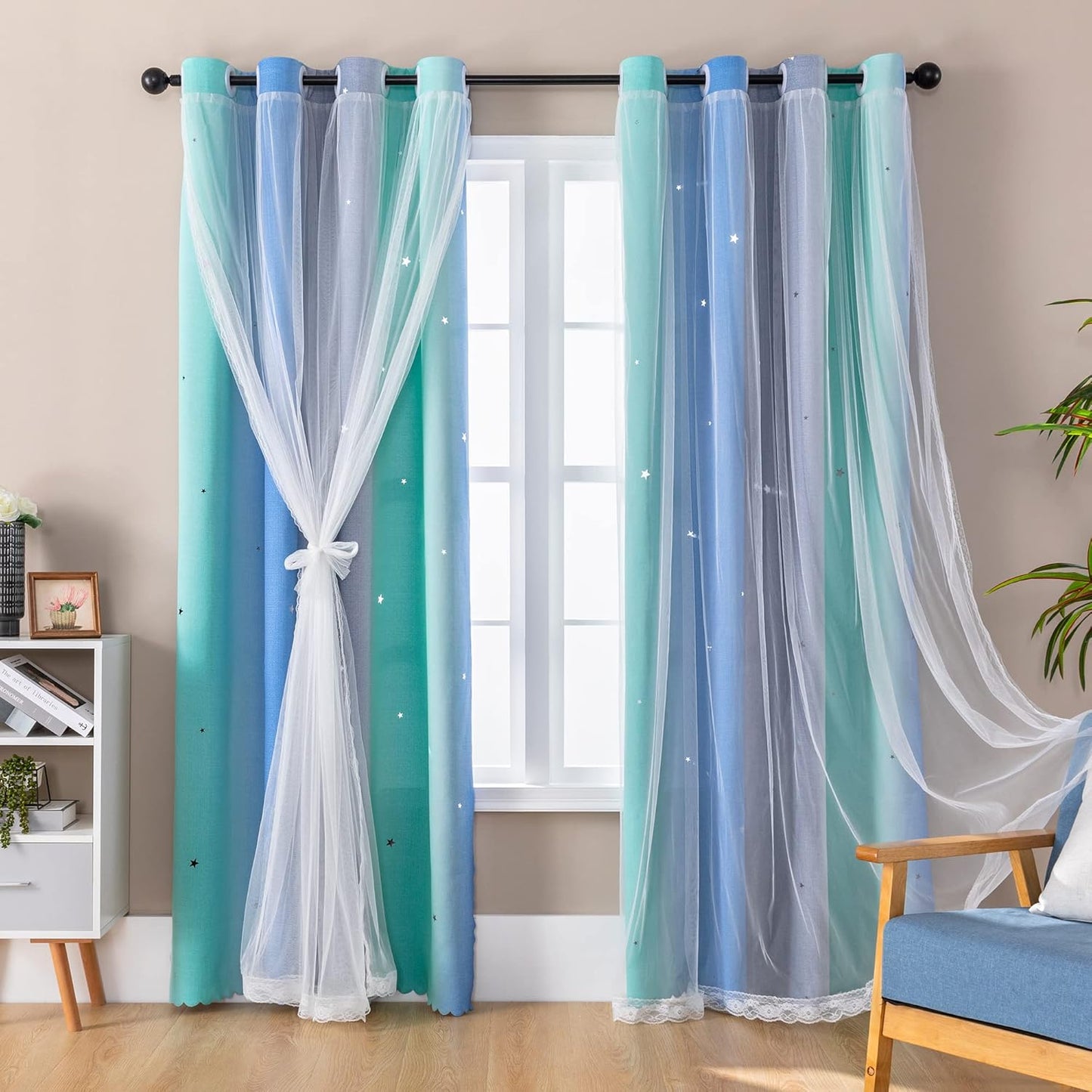 XiDi Blackout Curtains for Kids Bedroom Decor in Blue Green Grey