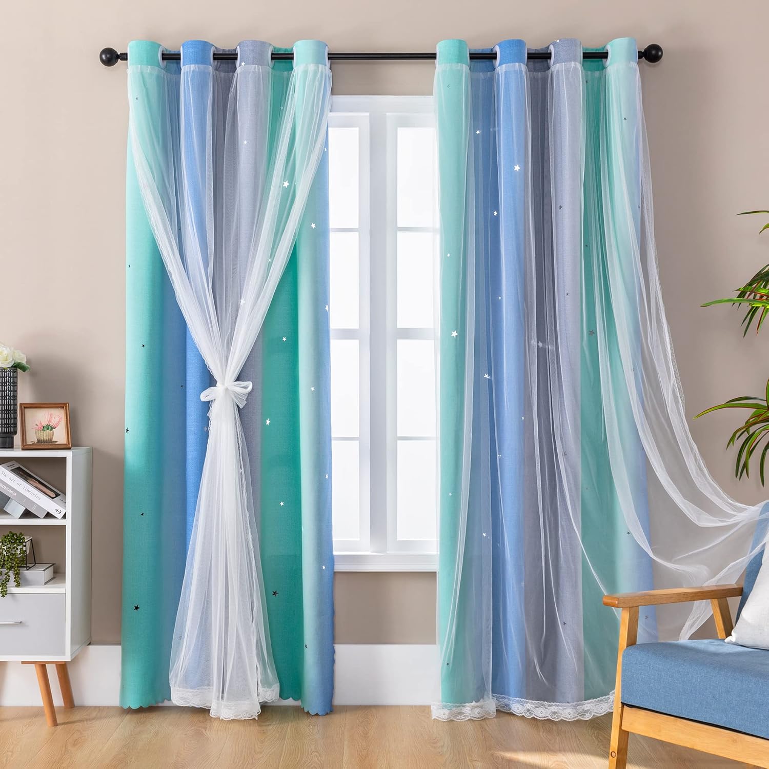 XiDi Blackout Curtains for Kids Bedroom Decor in Blue Green Grey