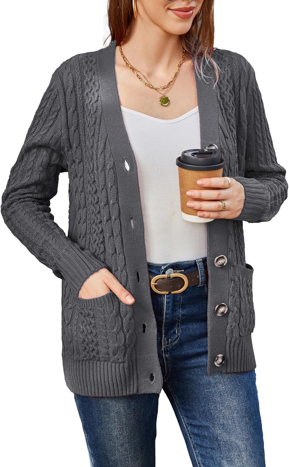 Womens Cardigan Sweaters Cable Knit Open Front with Pockets