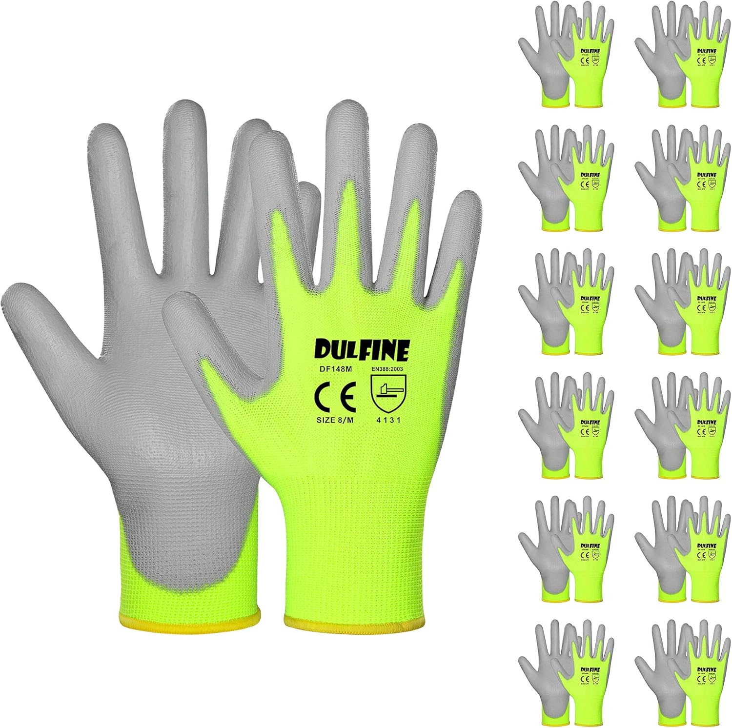DULFINE High-Visibility PU Coated Work Gloves - 12 Pack