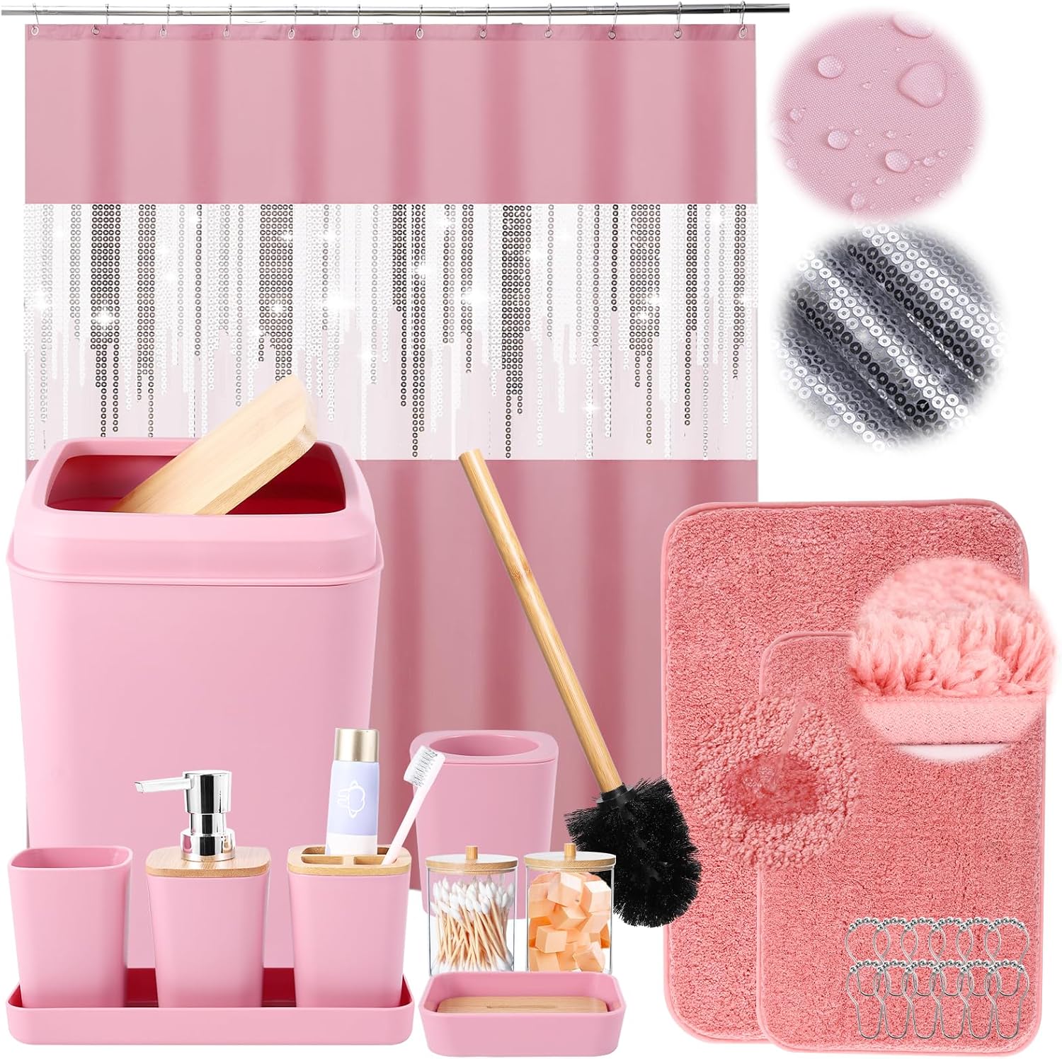 Pink Bathroom Accessories Set with Glitter Shower Curtain Decor