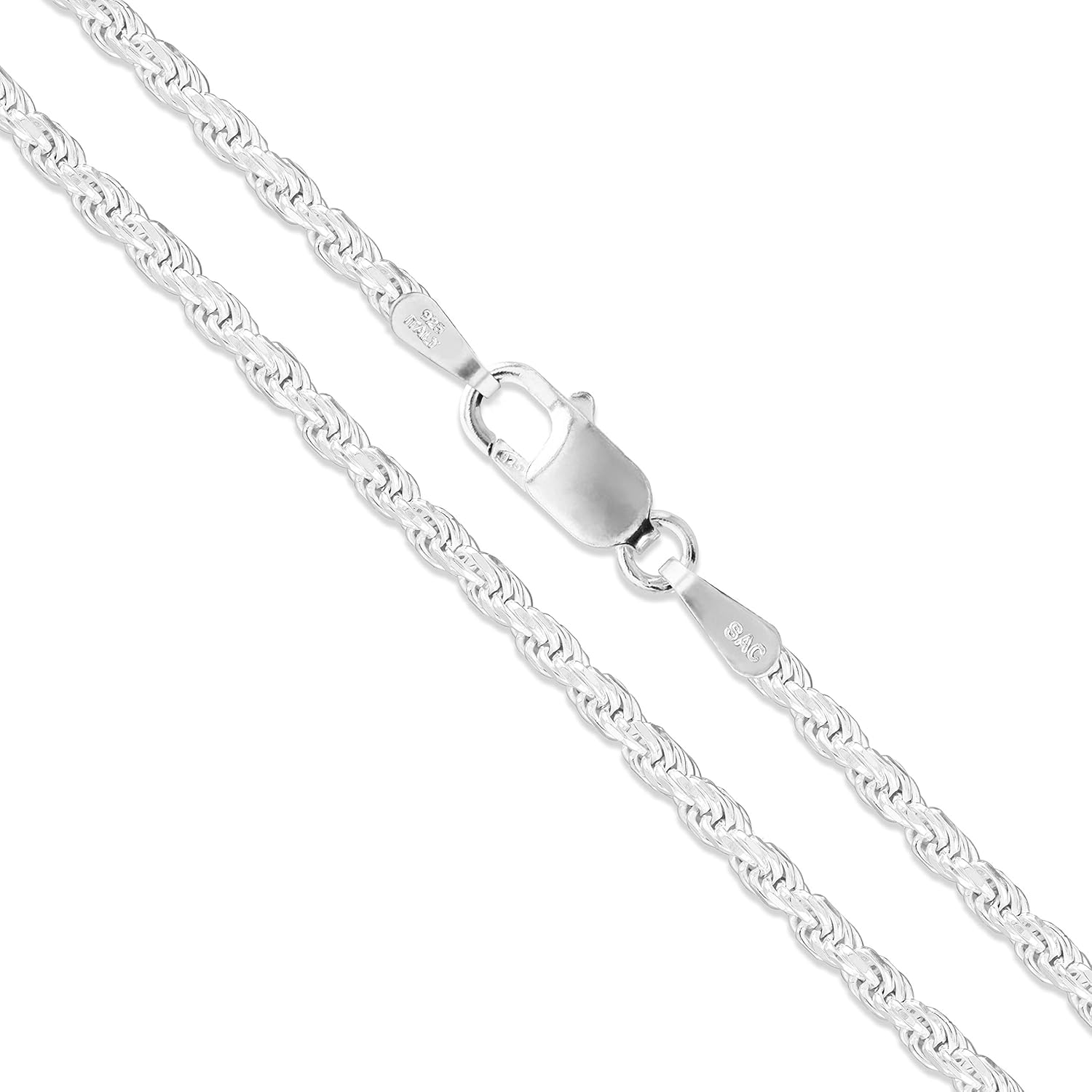 Sterling Silver Diamond-Cut Rope Chain Necklace in Various Sizes