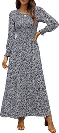 Annebouti Women's Long Sleeve Boho Floral Maxi Dress - Smocked A-Line