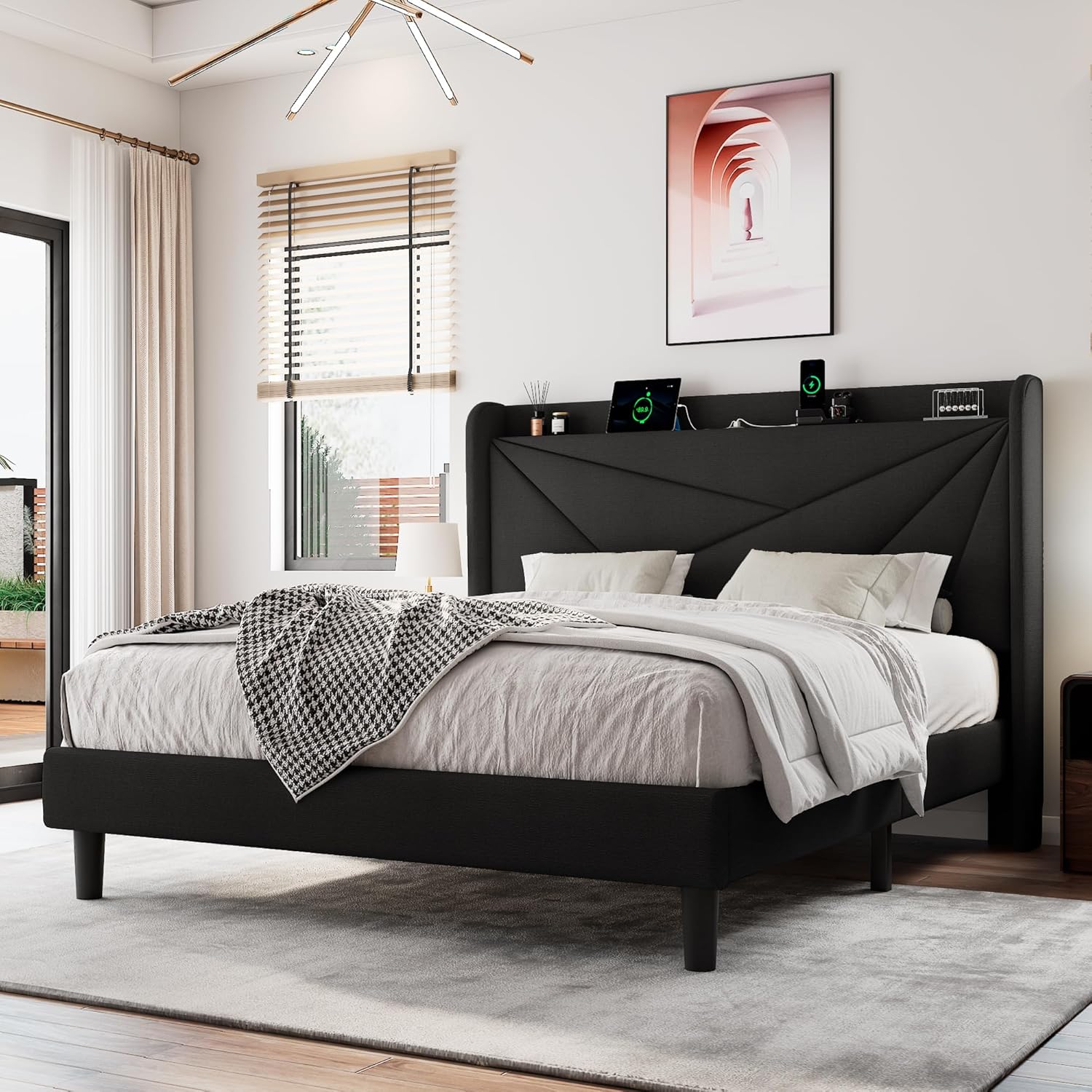 Full Size Upholstered Bed Frame with Charging Station and Storage