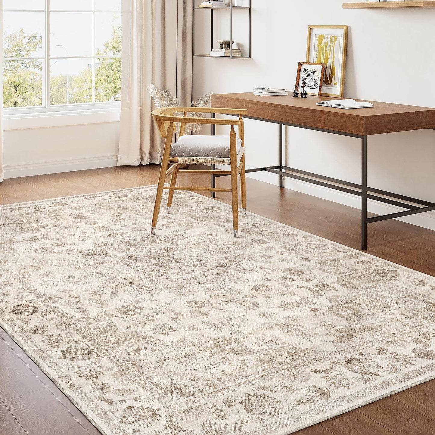 4x5 Washable Neutral Area Rug for Vintage Entryway and Office