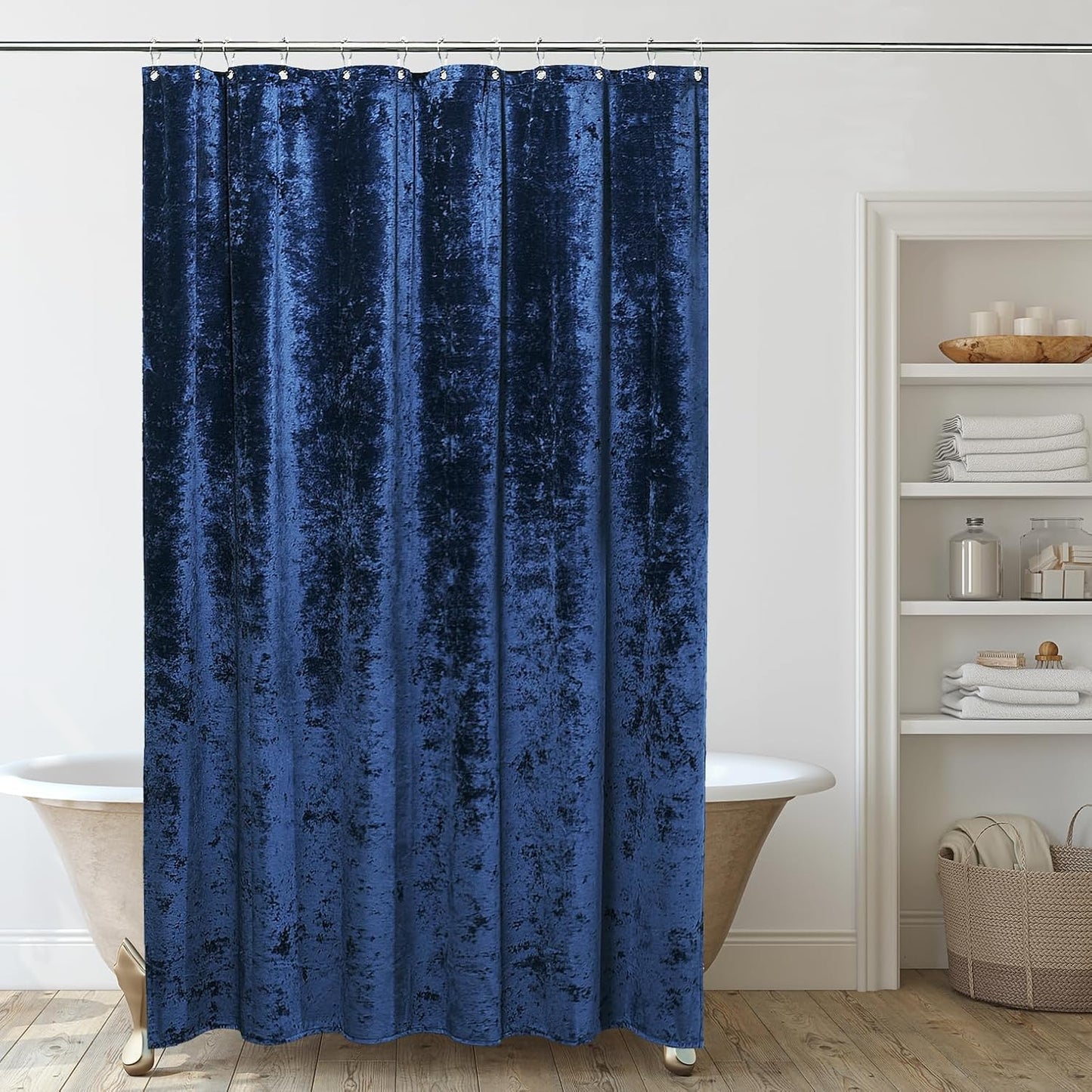 Crushed Velvet Shower Curtain Set in Navy Blue with Hooks