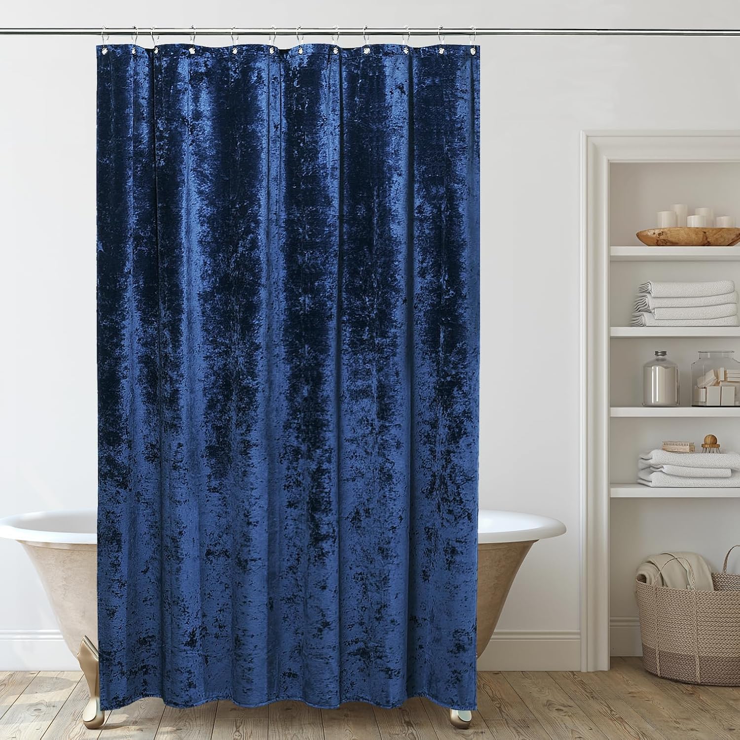 Crushed Velvet Shower Curtain Set in Navy Blue with Hooks