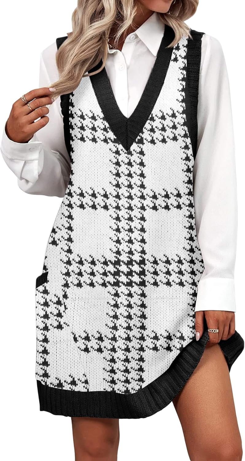 Stylish V Neck Sweater Vest Dress with Pockets for Women