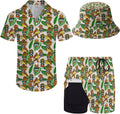 Mens 2 Piece Hawaiian Button Down Shirt and Shorts Set with Bucket Hat