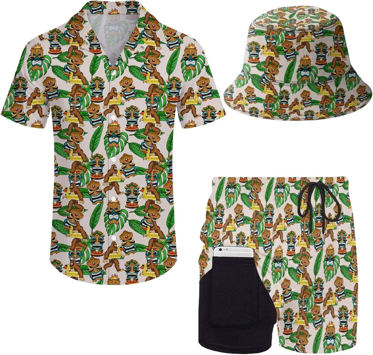 Mens 2 Piece Tracksuit Hawaiian Shirt and Compression Shorts Set