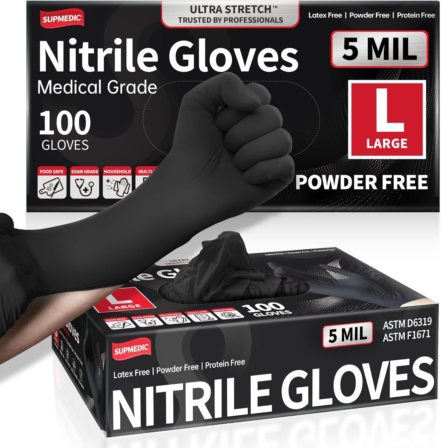 Chemical Resistant Black Nitrile Gloves 100Pcs - Supmedic