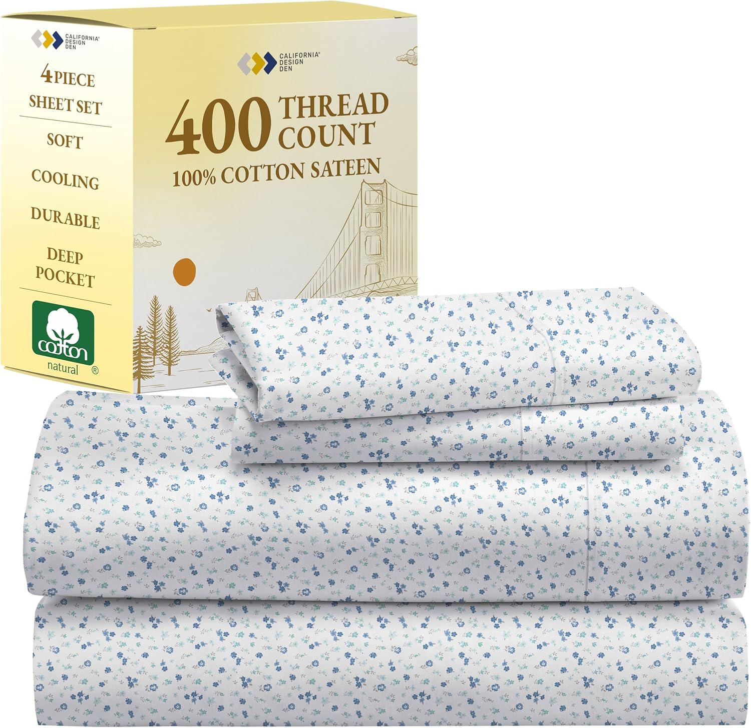 Floral Pattern King Size Sheets Set - Luxury 400 Thread Count
