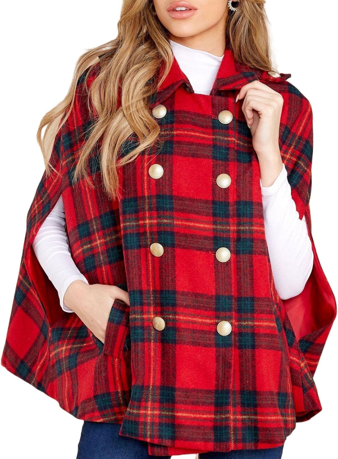 Womens Plaid Jacket Double Breasted Winter Cape Coats with Pockets