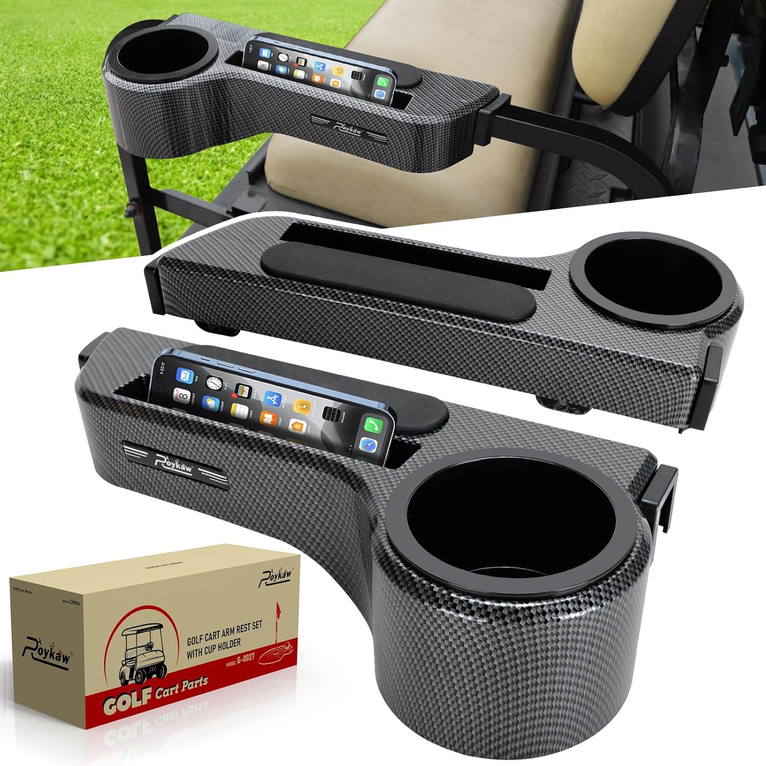 Roykaw Golf Cart Armrest with Cup Holder & Phone Holder Upgrade