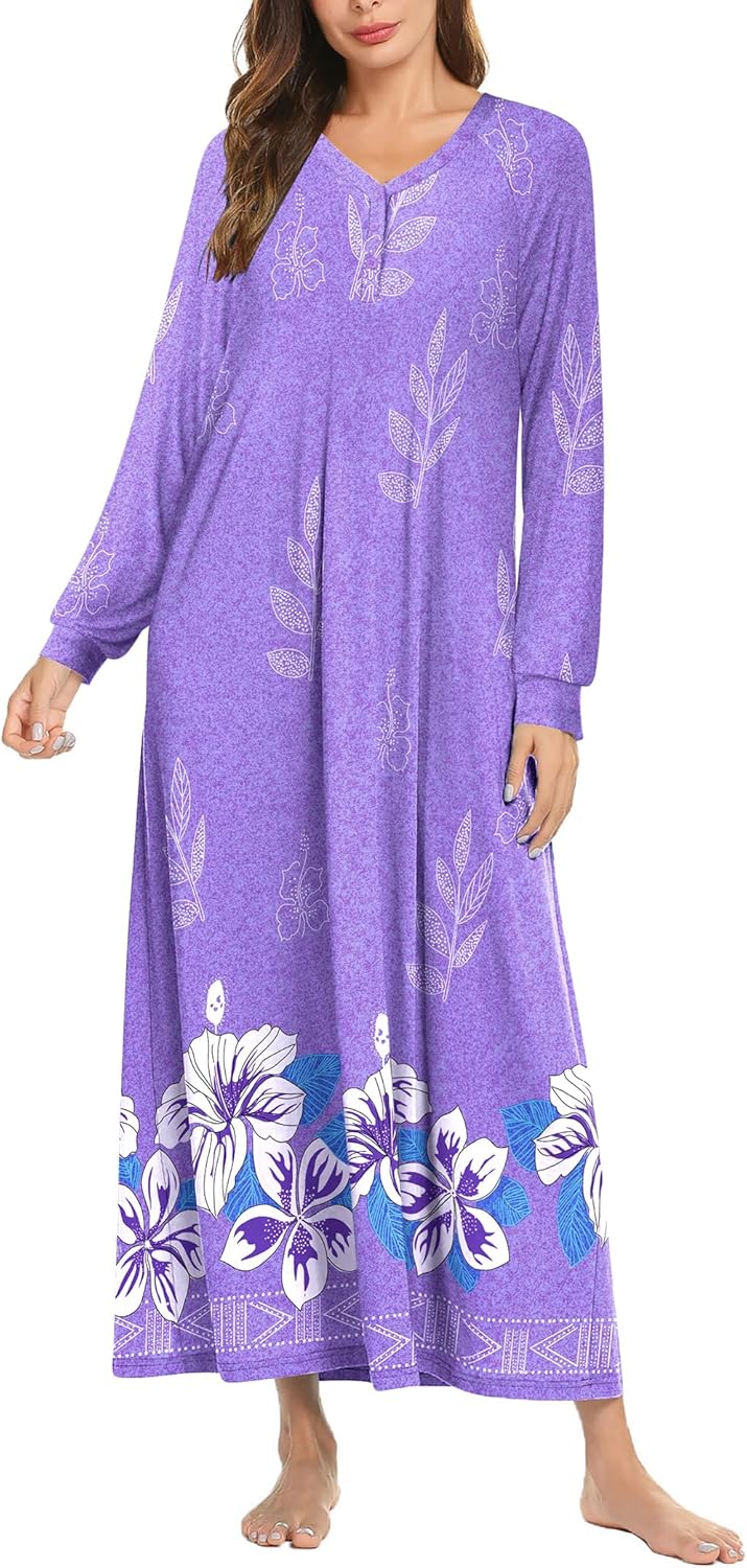 Ekouaer Nightgown Long Sleeve V Neck Loungewear for Women