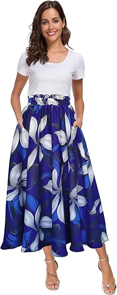 Afibi Women High Waist Floral Print Swing Chiffon Beach Midi Skirt
