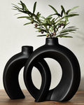 Round Donut Vase Set of 2 - Minimalist Matte Black Ceramic Vases