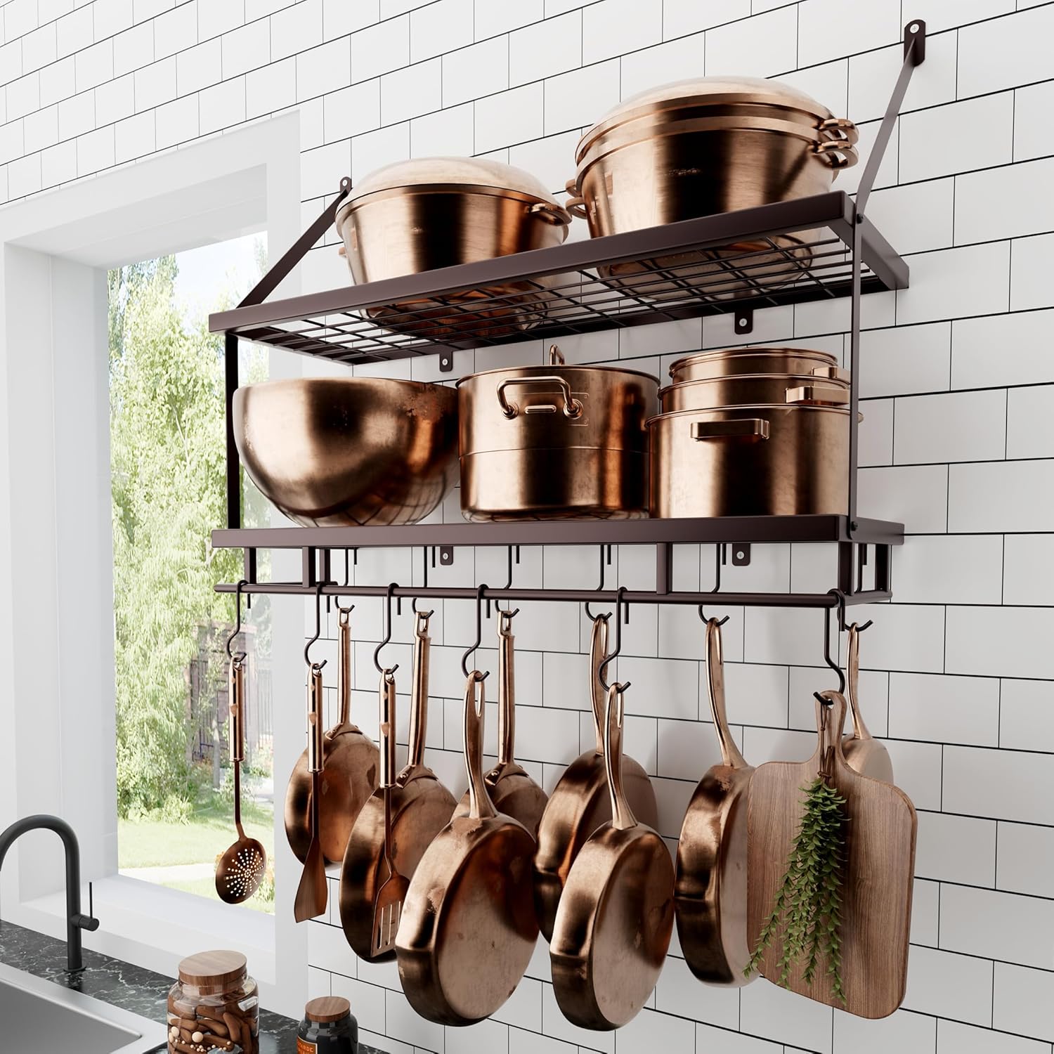 30-Inch Oiled Bronze Pot Rack for Kitchen with 12 Hooks
