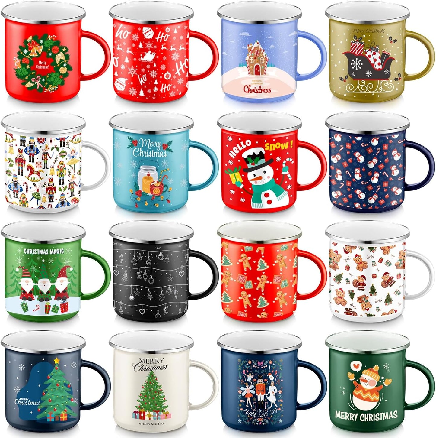 16 Pcs Christmas Enamel Mugs Set for Holiday Cheer and Gifting