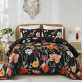 Anibedding Black Quilt Set Queen Size - Colorful Floral Coverlet