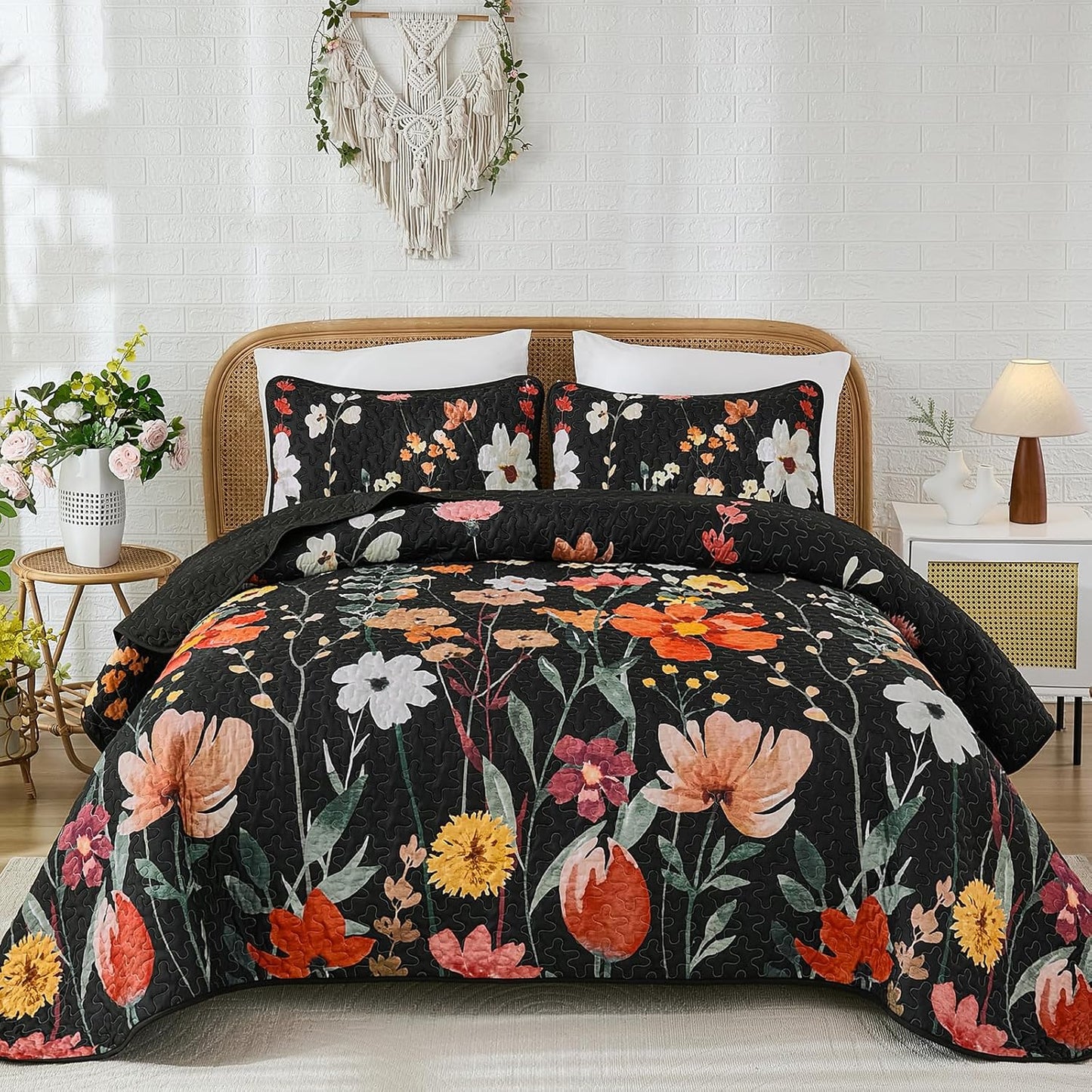 Anibedding Black Quilt Set Queen Size for All Seasons Comfort