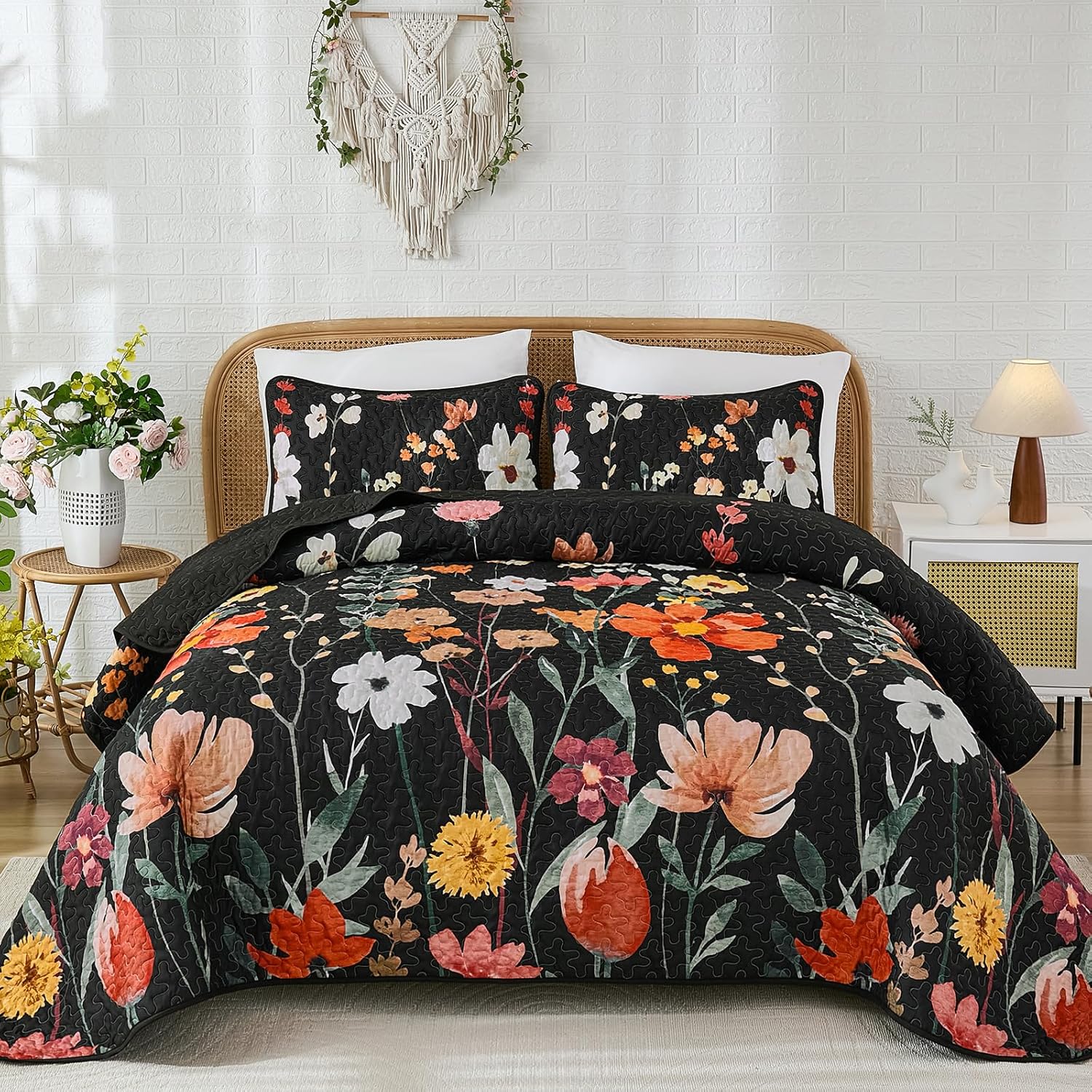 Anibedding Black Quilt Set Queen Size for All Seasons Comfort