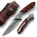 Damascus Pocket Knife for Men with Clip and Leather Sheath - Slim