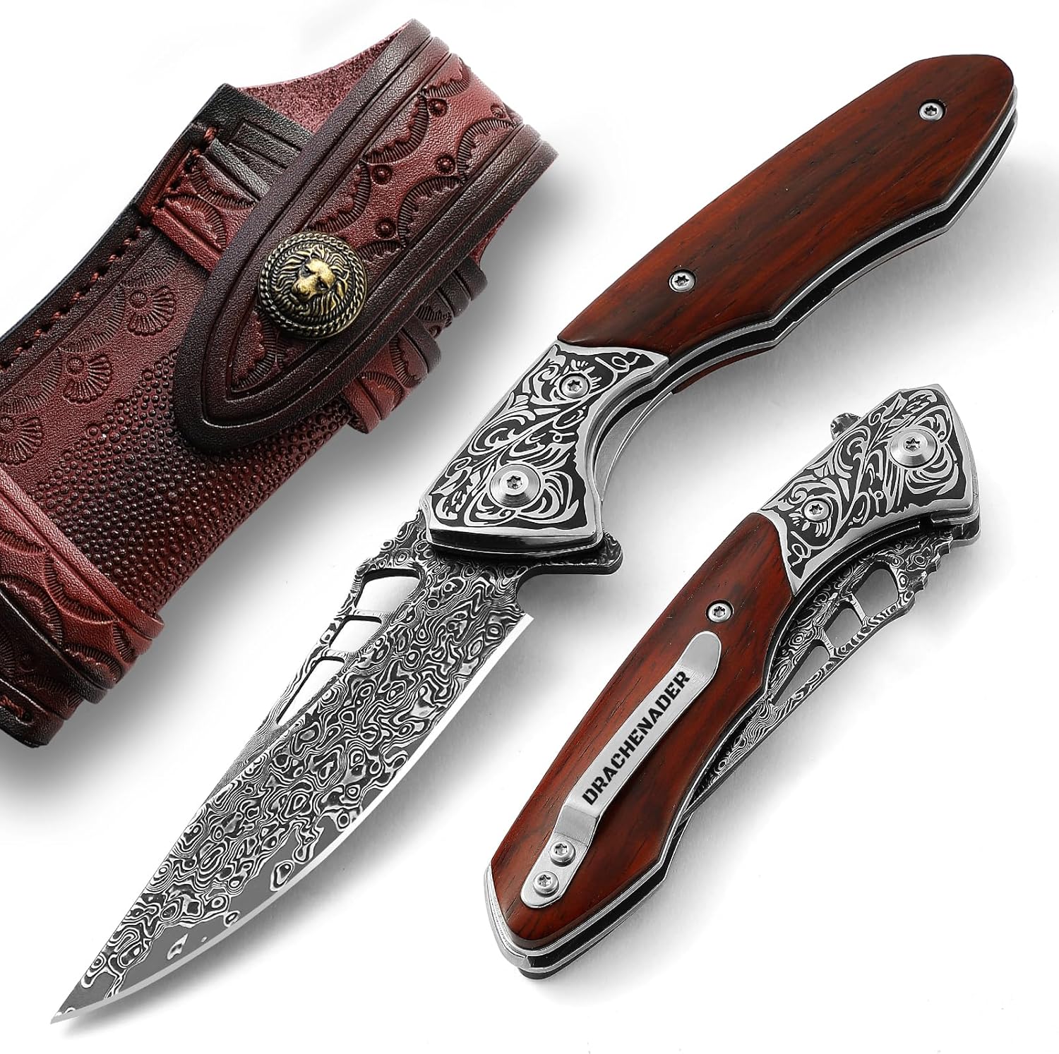 Damascus Pocket Knife for Men with Clip and Leather Sheath