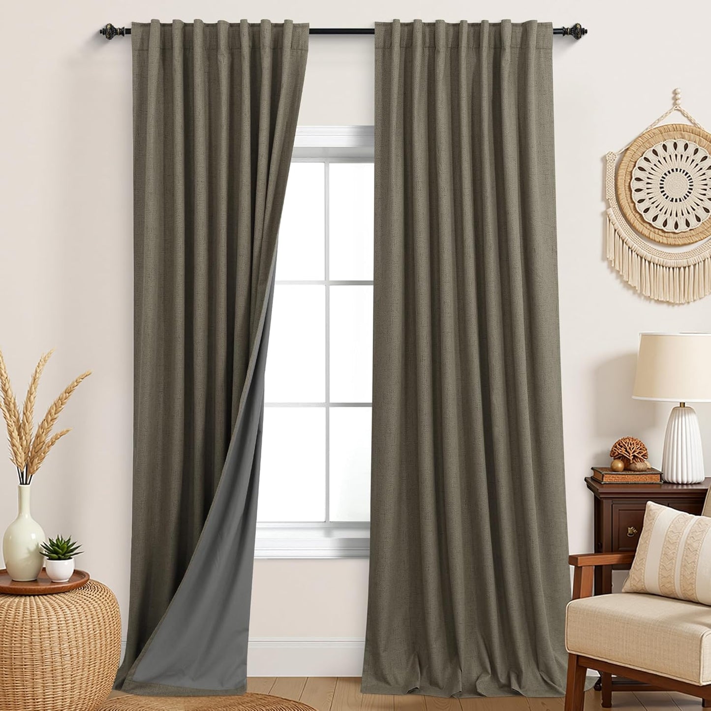 KOUFALL Light Brown Linen Blackout Curtains for Living Room