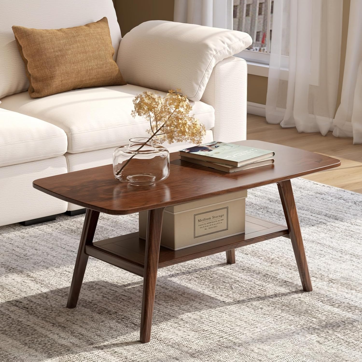 Mid Century Small Oak Coffee Table with Shelf Storage