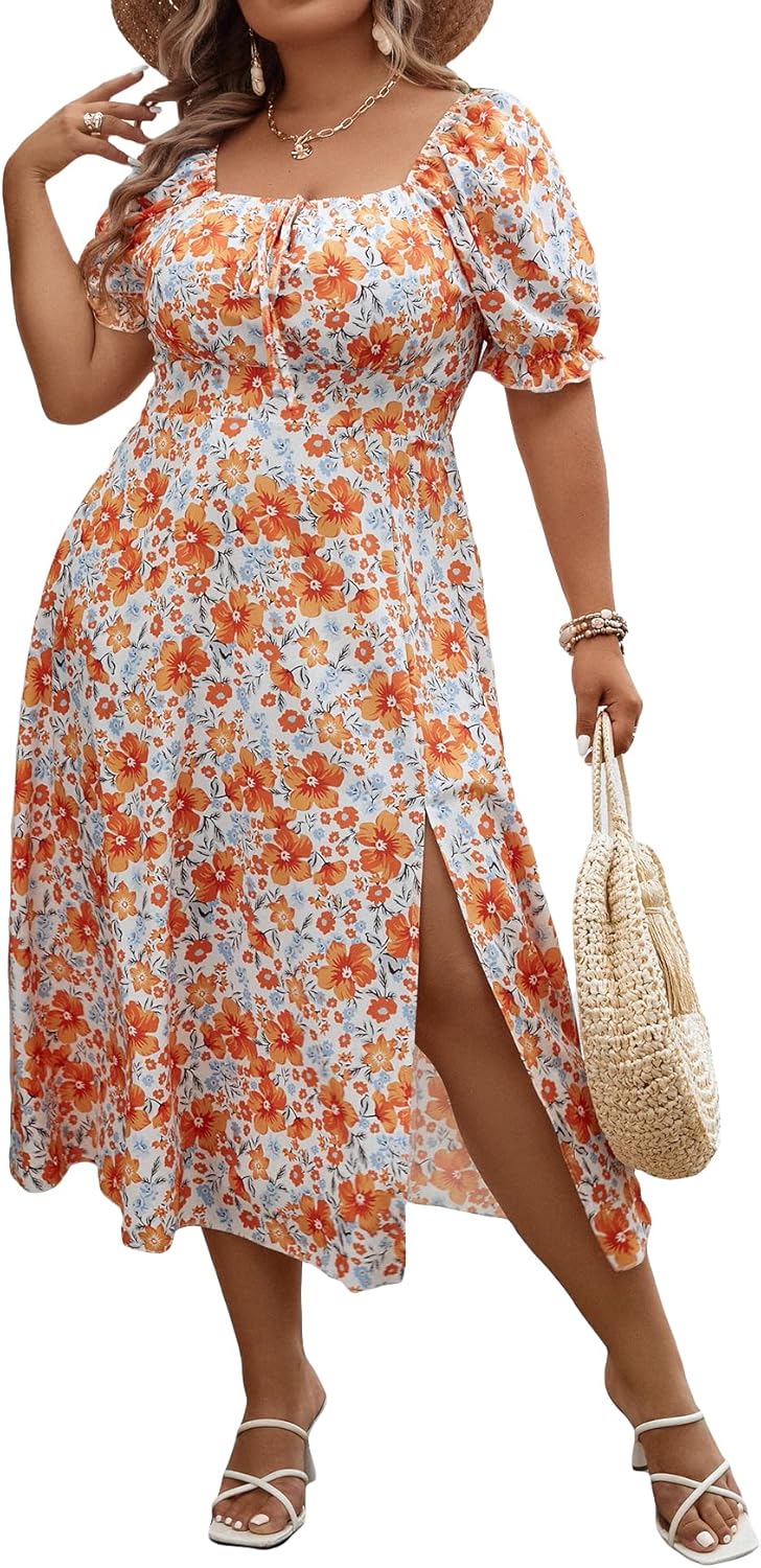 Floerns Women's Plus Size Floral Print Midi Dress for Summer Fun