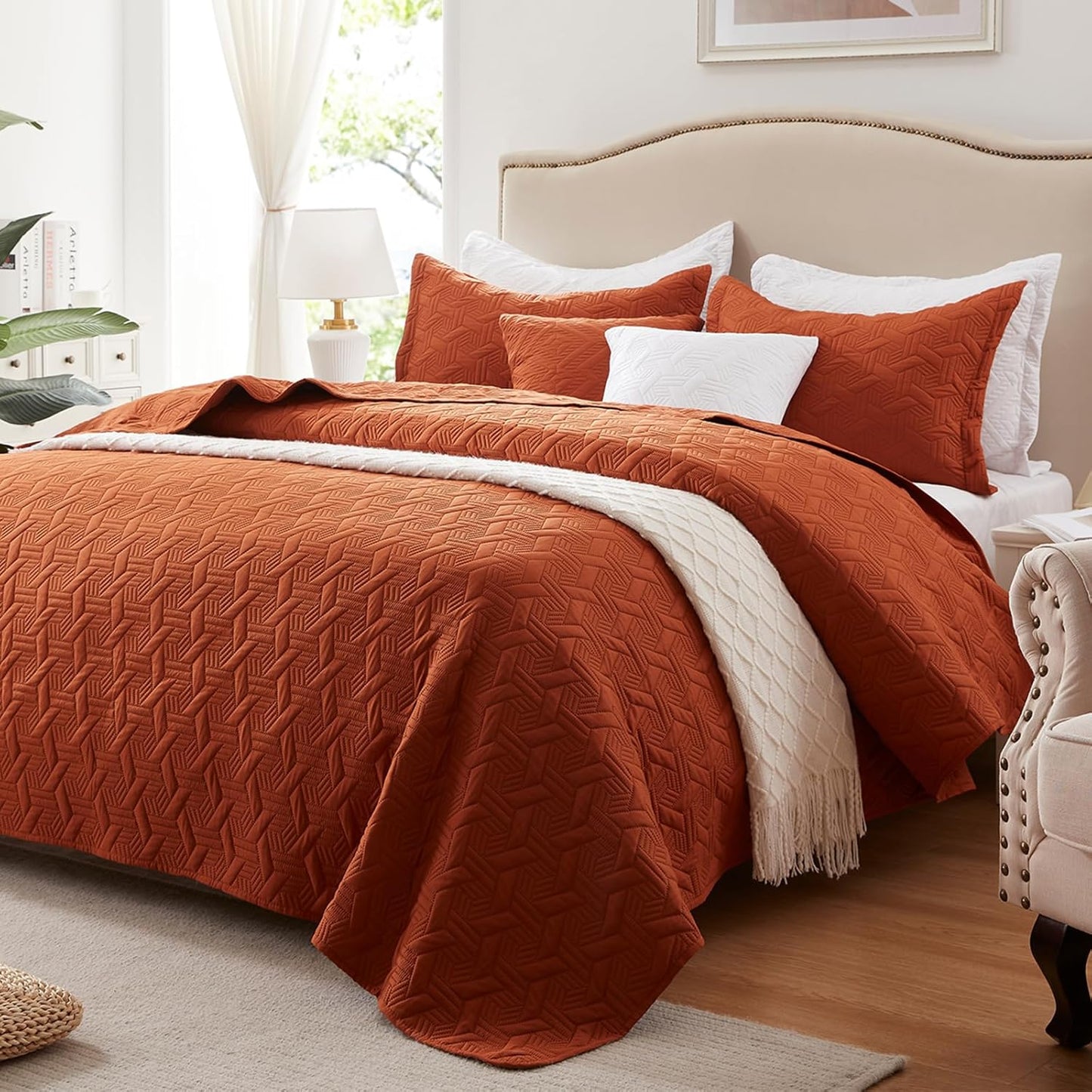 LEAONME Full/Queen Quilt Set - Lightweight Burnt Orange Bedspread