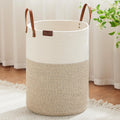 100L White & Brown Tall Laundry Basket - Large Cotton Rope Hamper