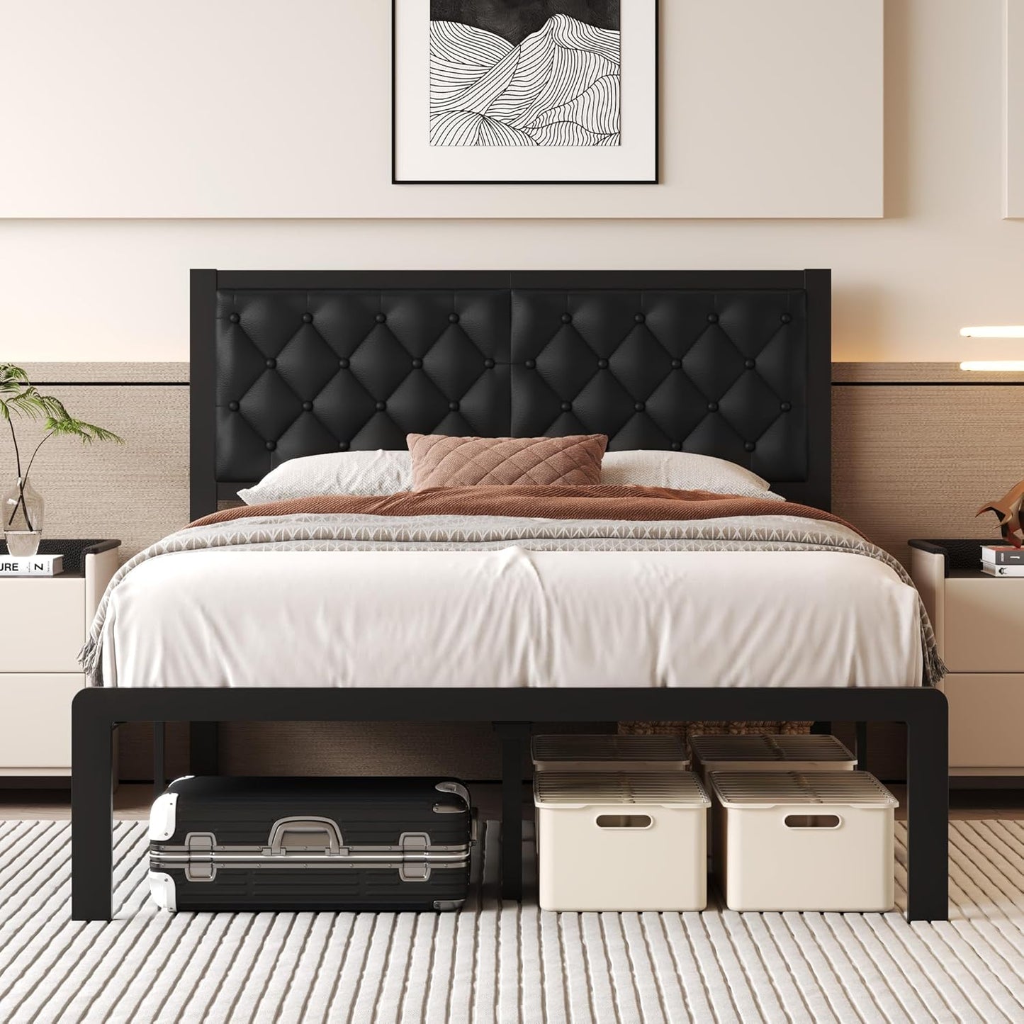 Full Bed Frame with Headboard PU Leather Upholstered Design