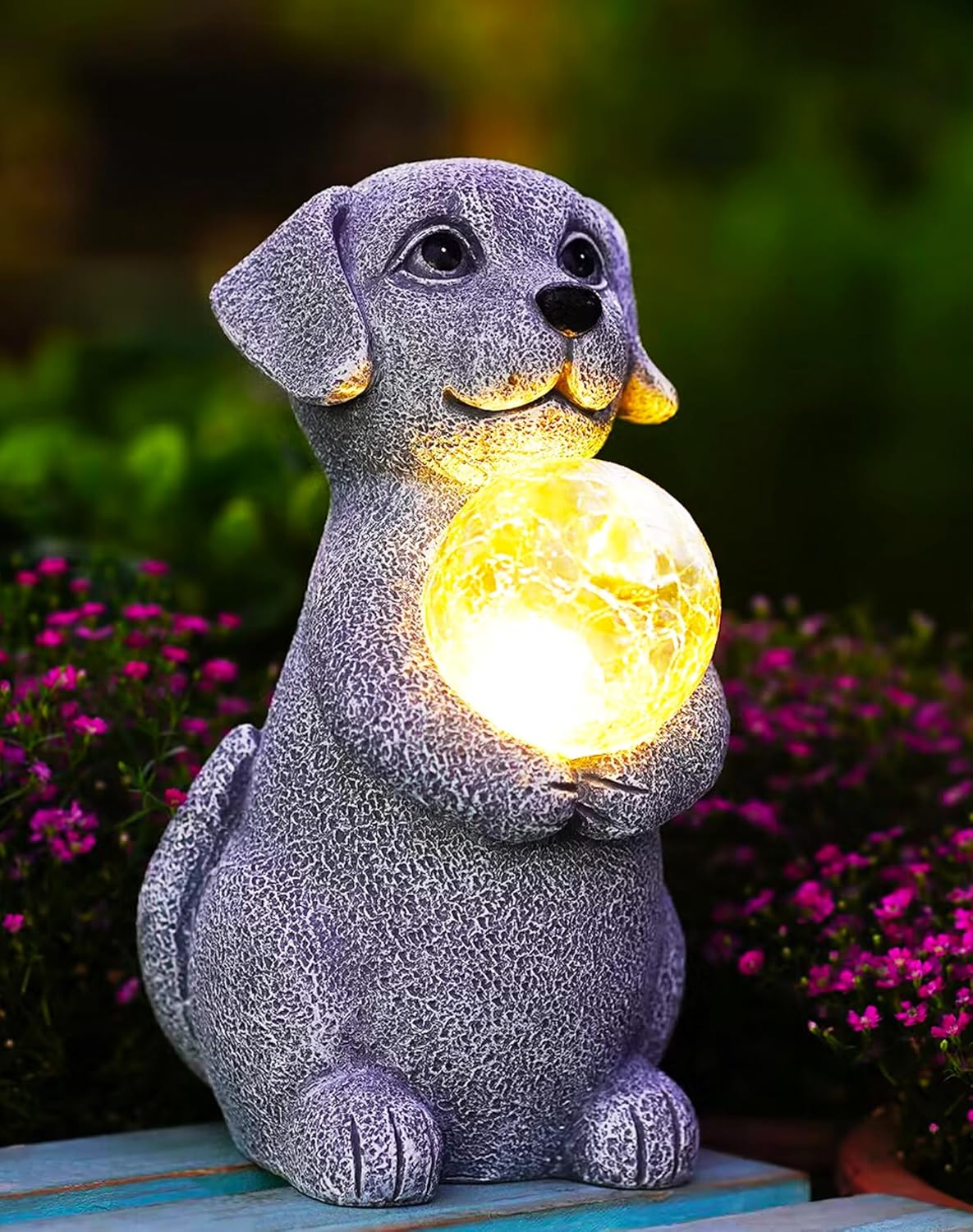Dog Garden Statues with Gazing Ball LED Lights for Outdoors