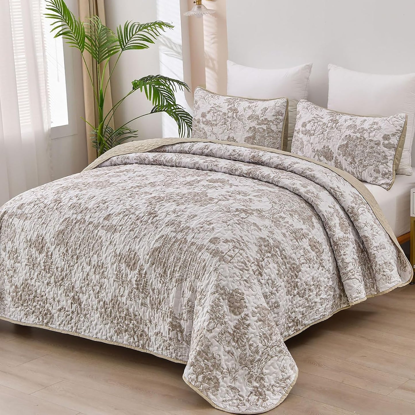 Botanical Quilt Set King - Floral 3 Pieces Khaki Bedspread