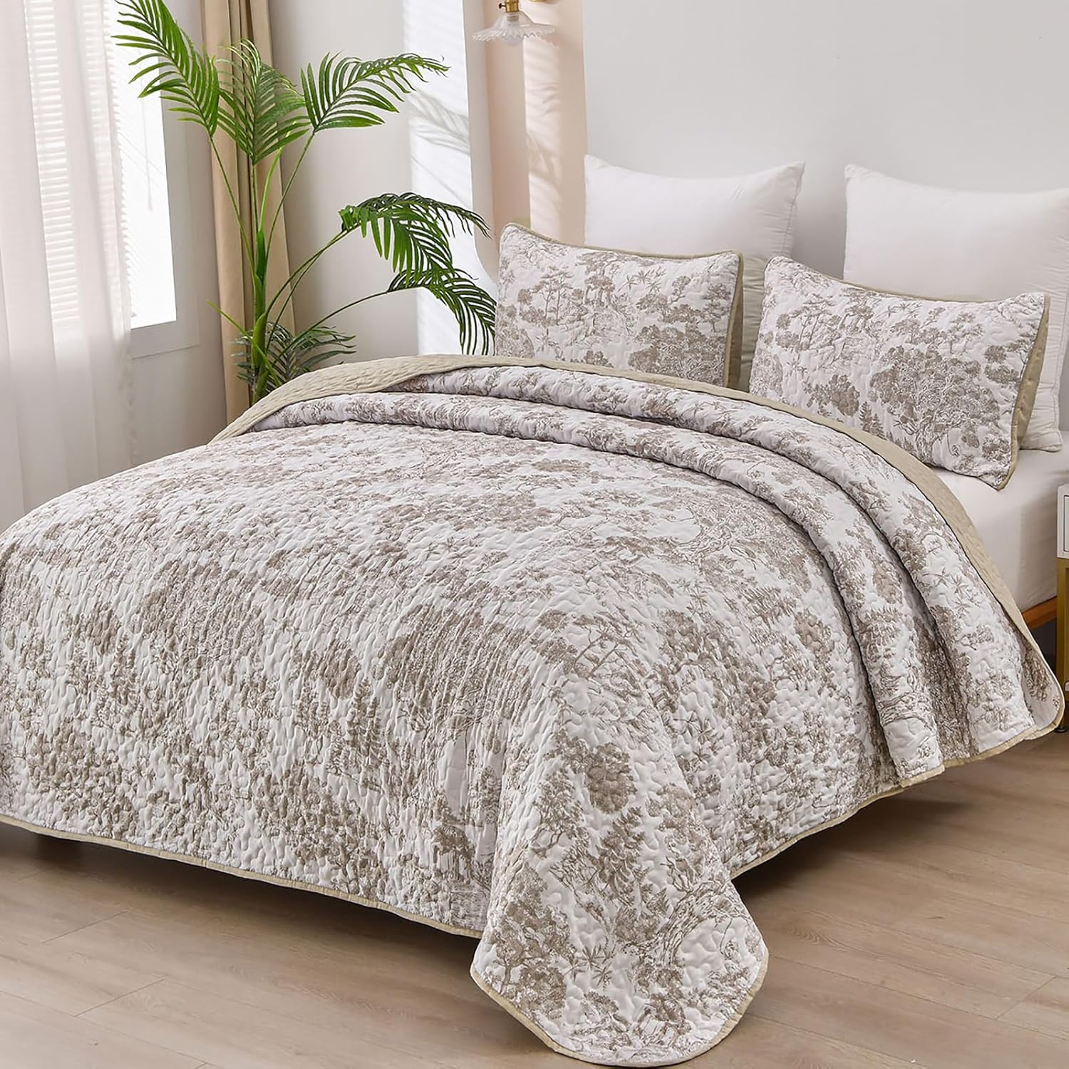 Botanical Quilt Set King - Floral 3 Pieces Khaki Bedspread