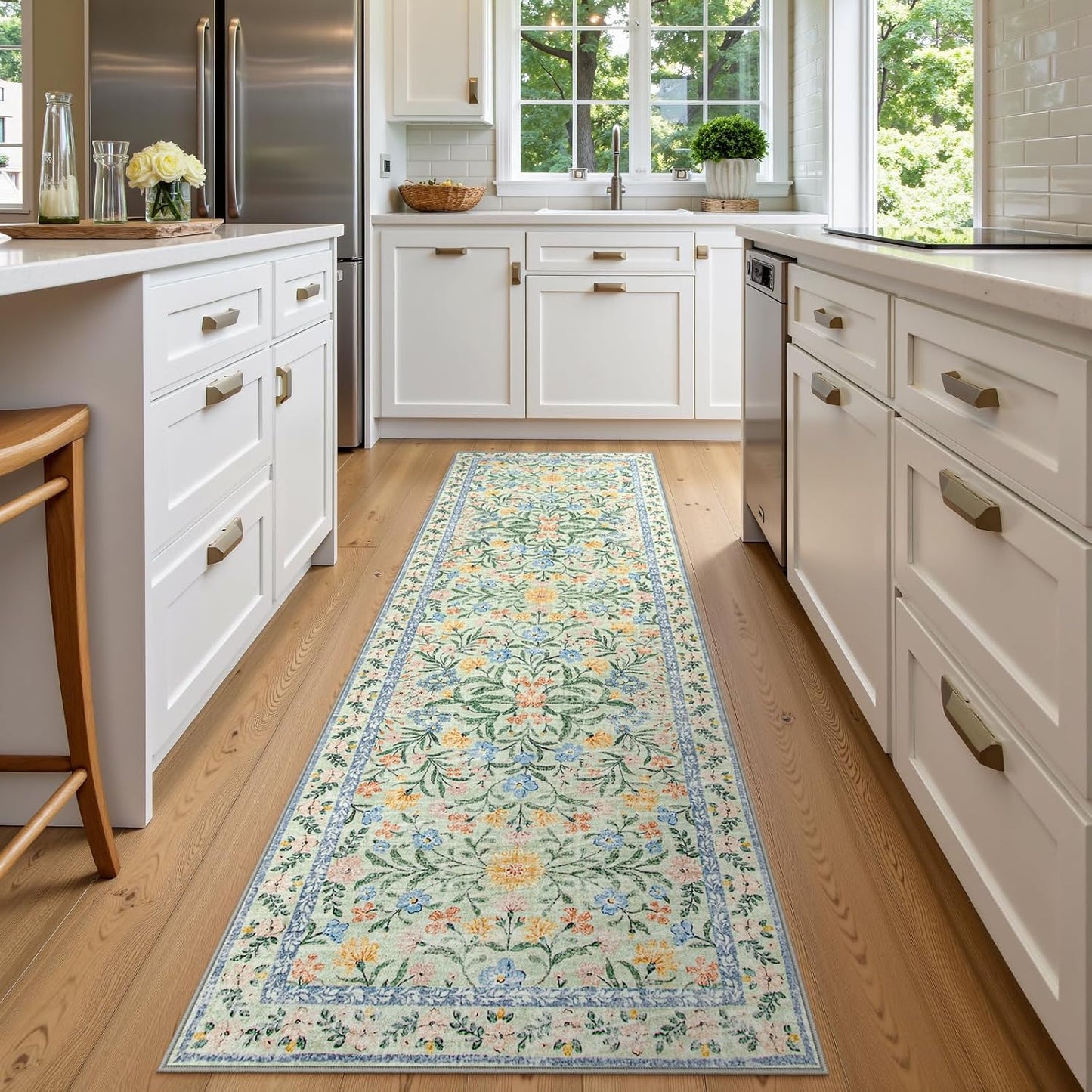 Wonnitar Washable Runners for Hallways, Floral Green Rug