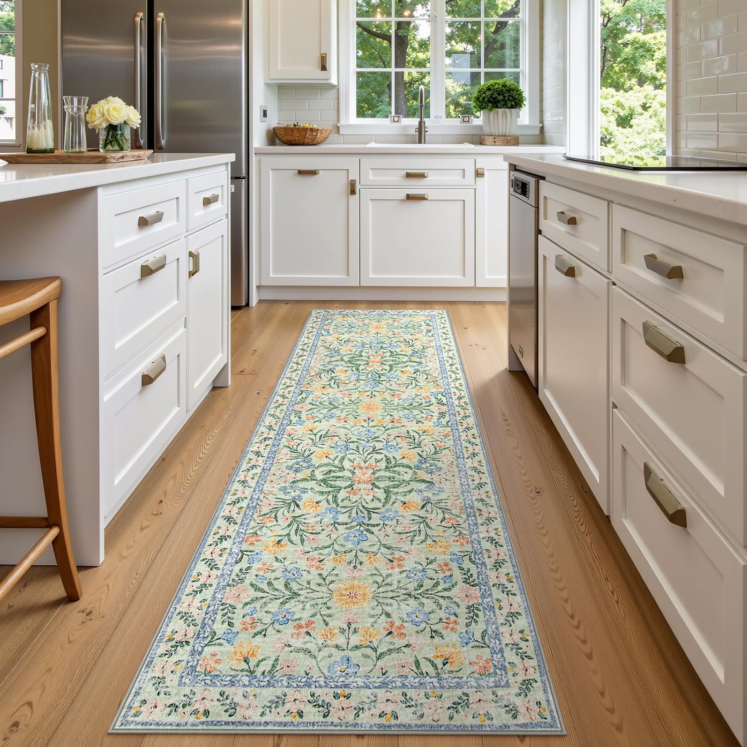Wonnitar Washable Runners for Hallways, Floral Green Rug
