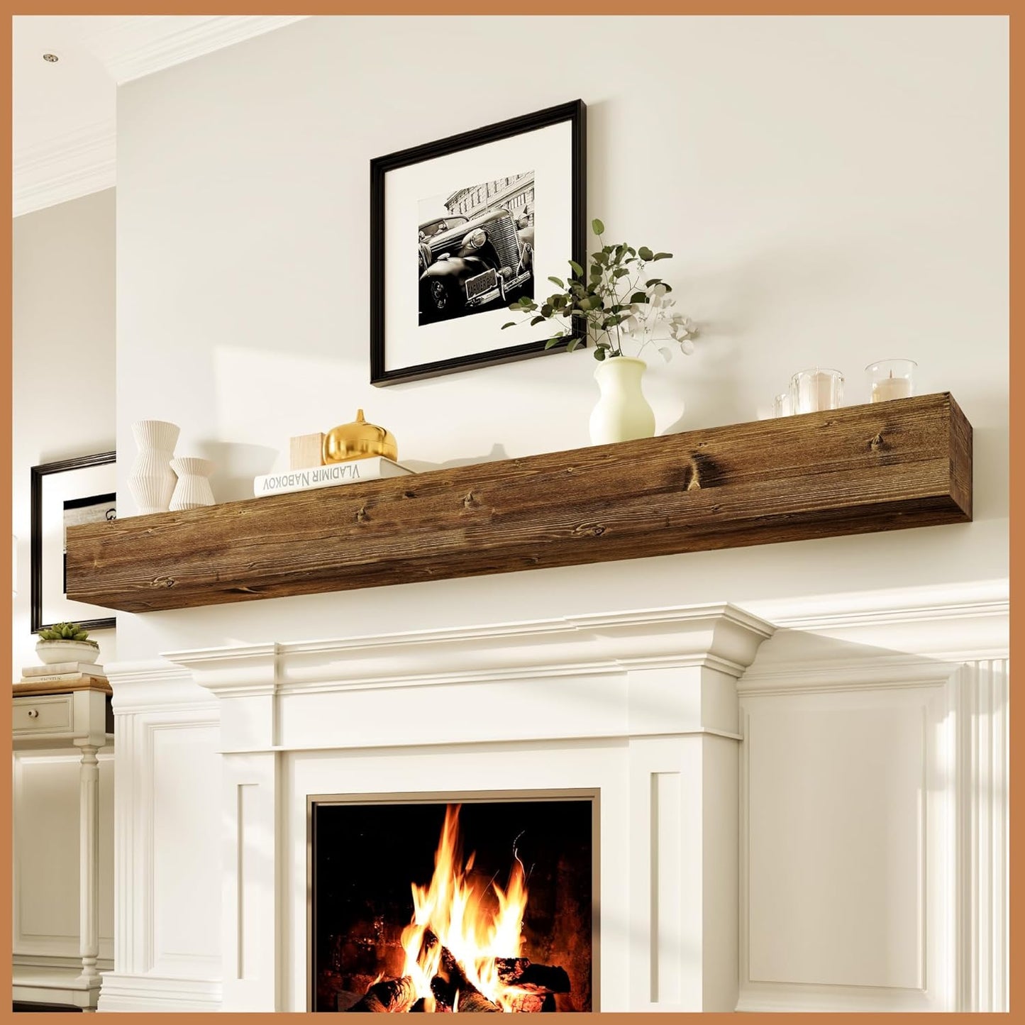 Avana Rustic Fireplace Mantle Shelf - Handcrafted 84 Inch Decor