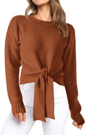 Okiwam Womens Long Sleeve Cropped Sweater - Tie Front Crew Neck