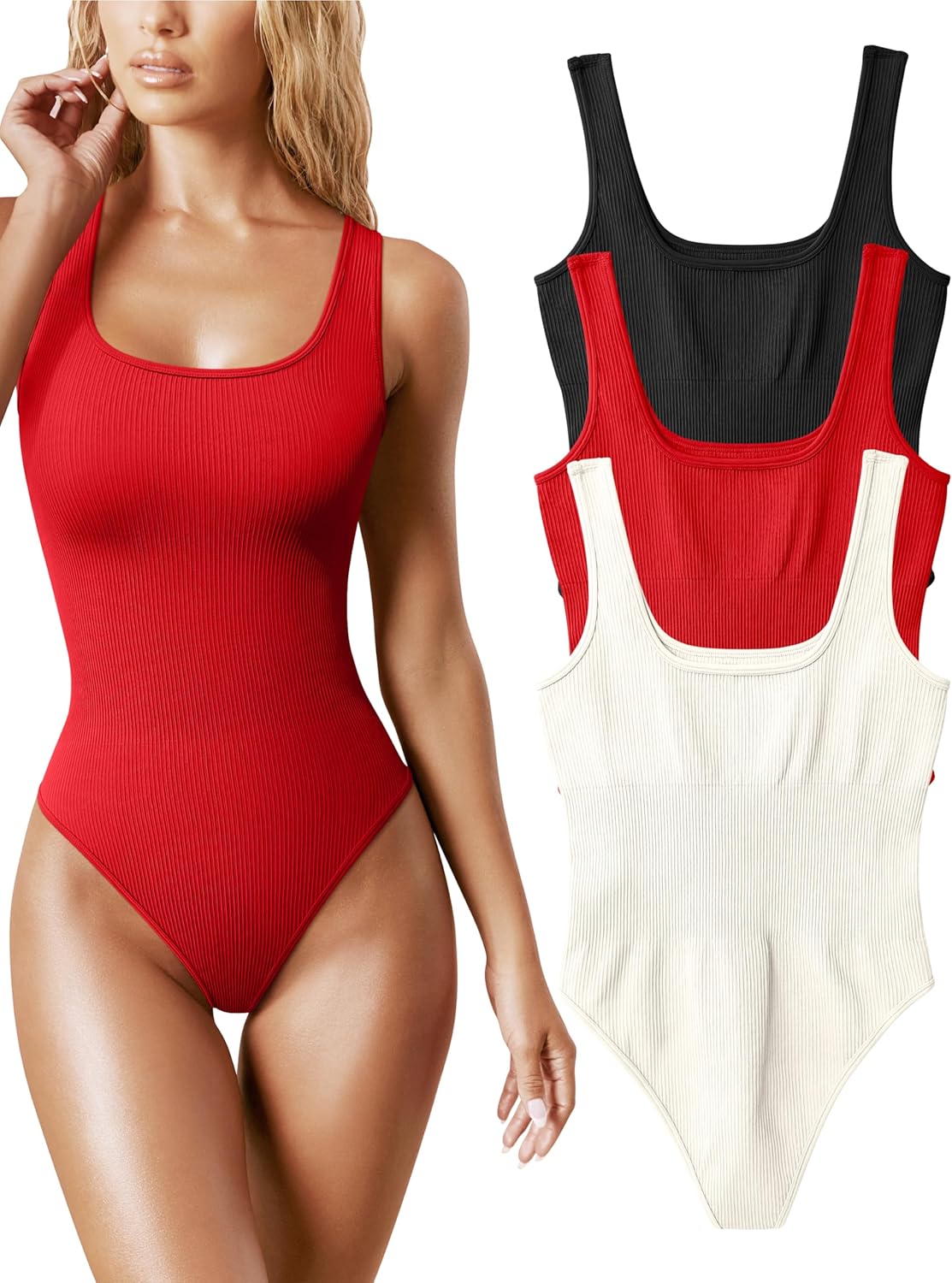 OQQ Women's 3 Piece Bodysuits: Sexy Ribbed Sleeveless Tops