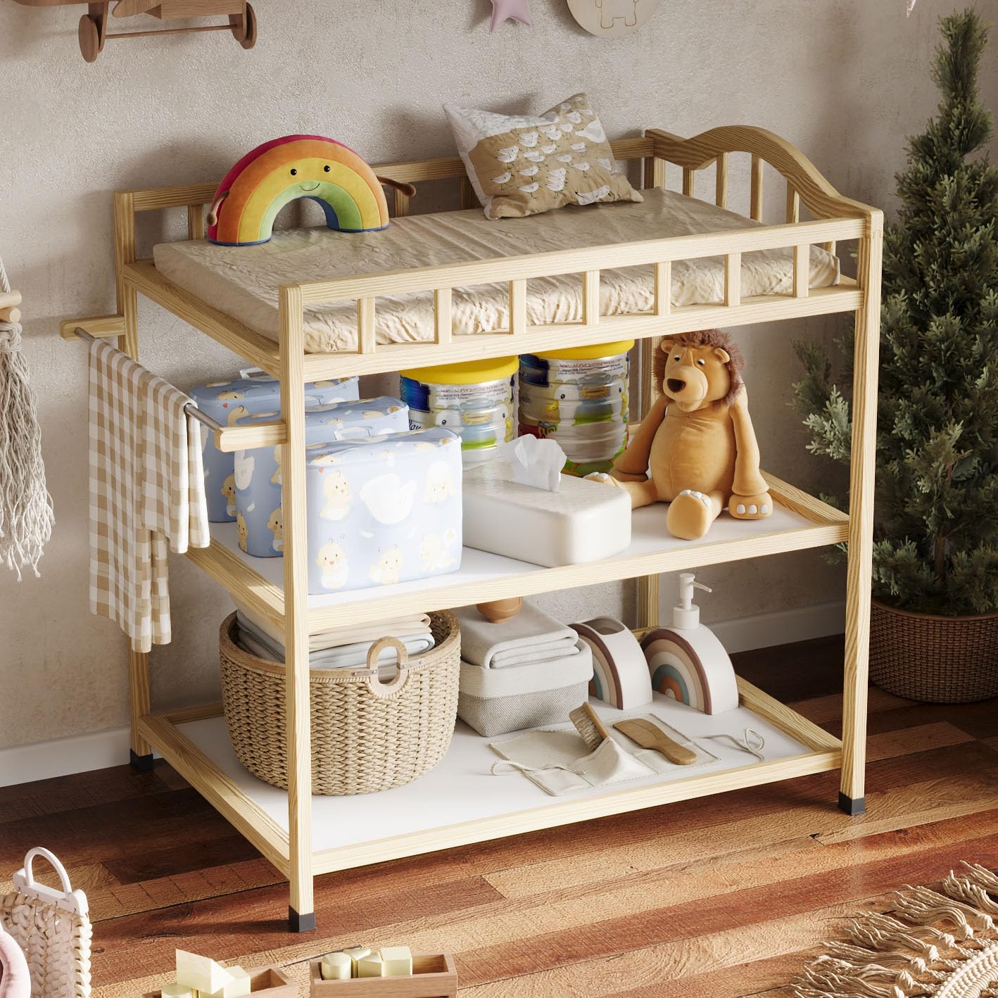 Paintless Pine Wood Baby Changing Table with Storage Shelves