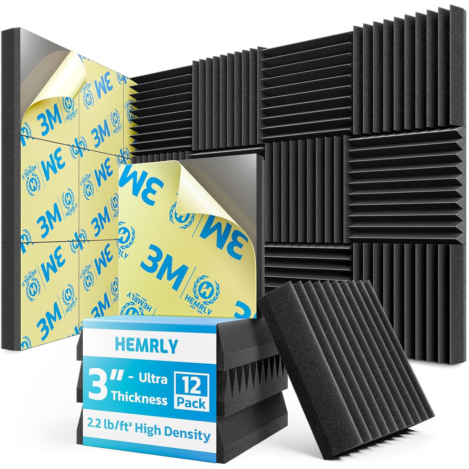 3in X 12in X 12in Sound Proof Foam Panels for Walls - 12 Pack
