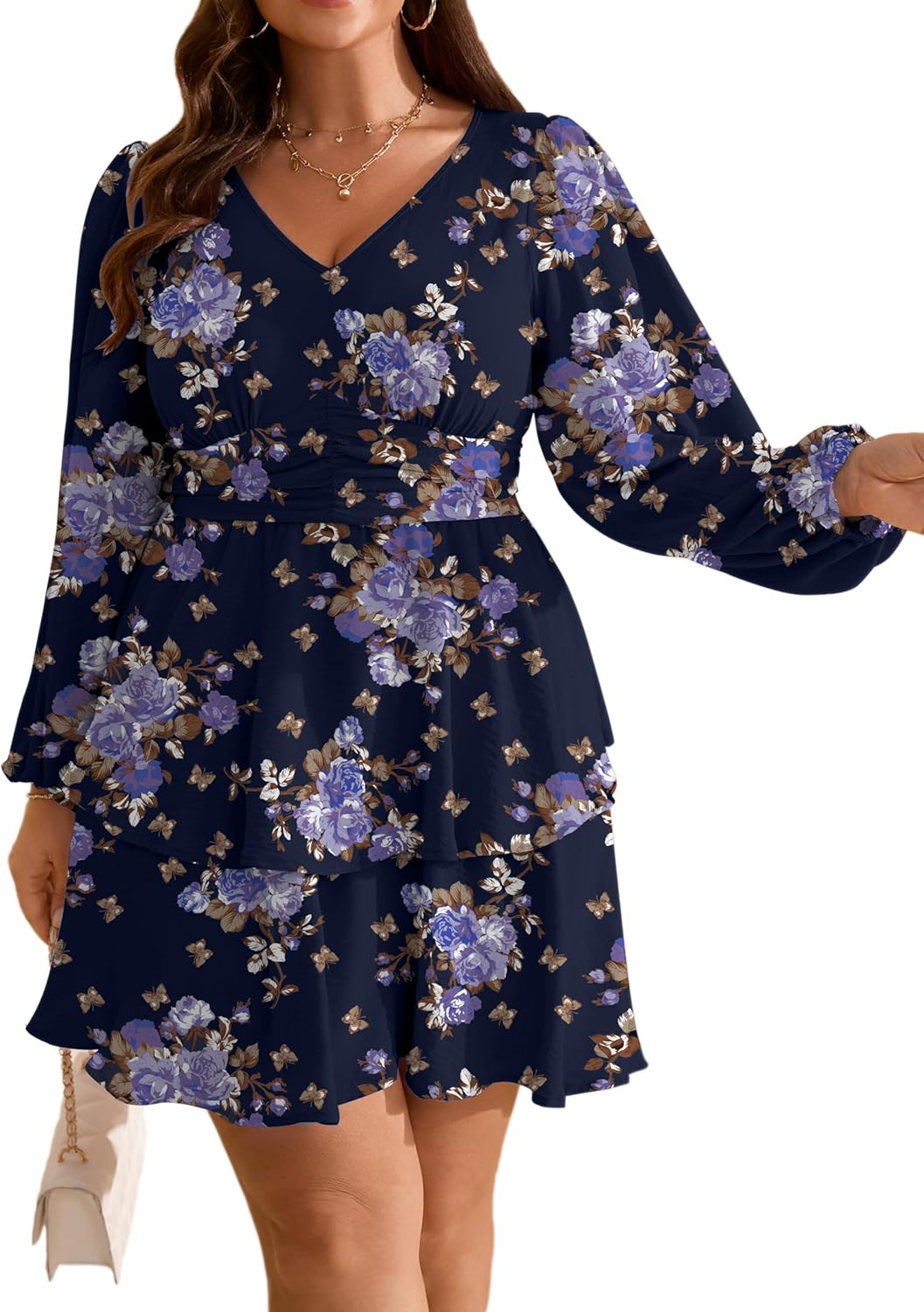 Plus Size V Neck Long Sleeve Mini Dress for Curvy Women