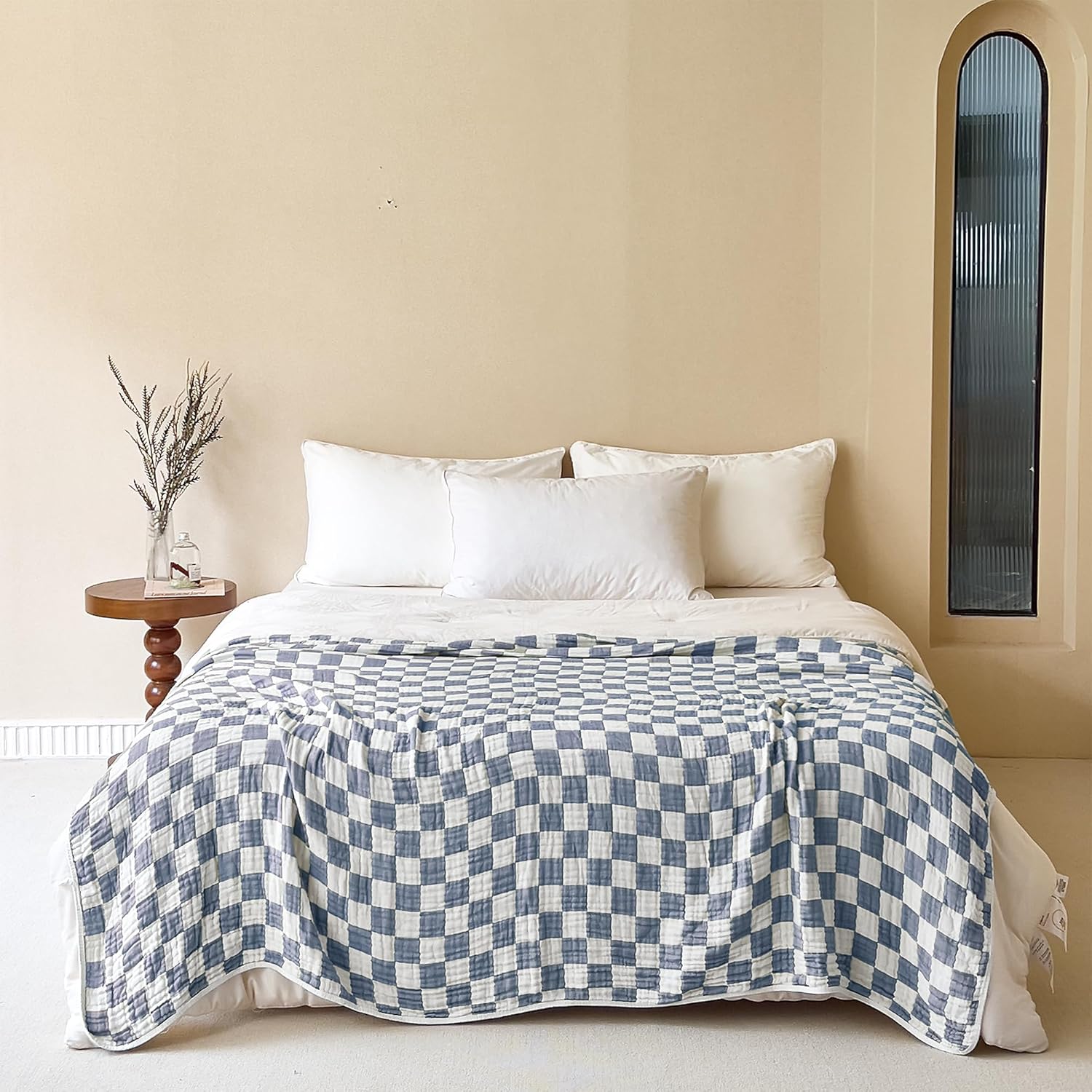 6-Layer Gauze Muslin Blanket 100% Cotton Blue Checkerboard Queen