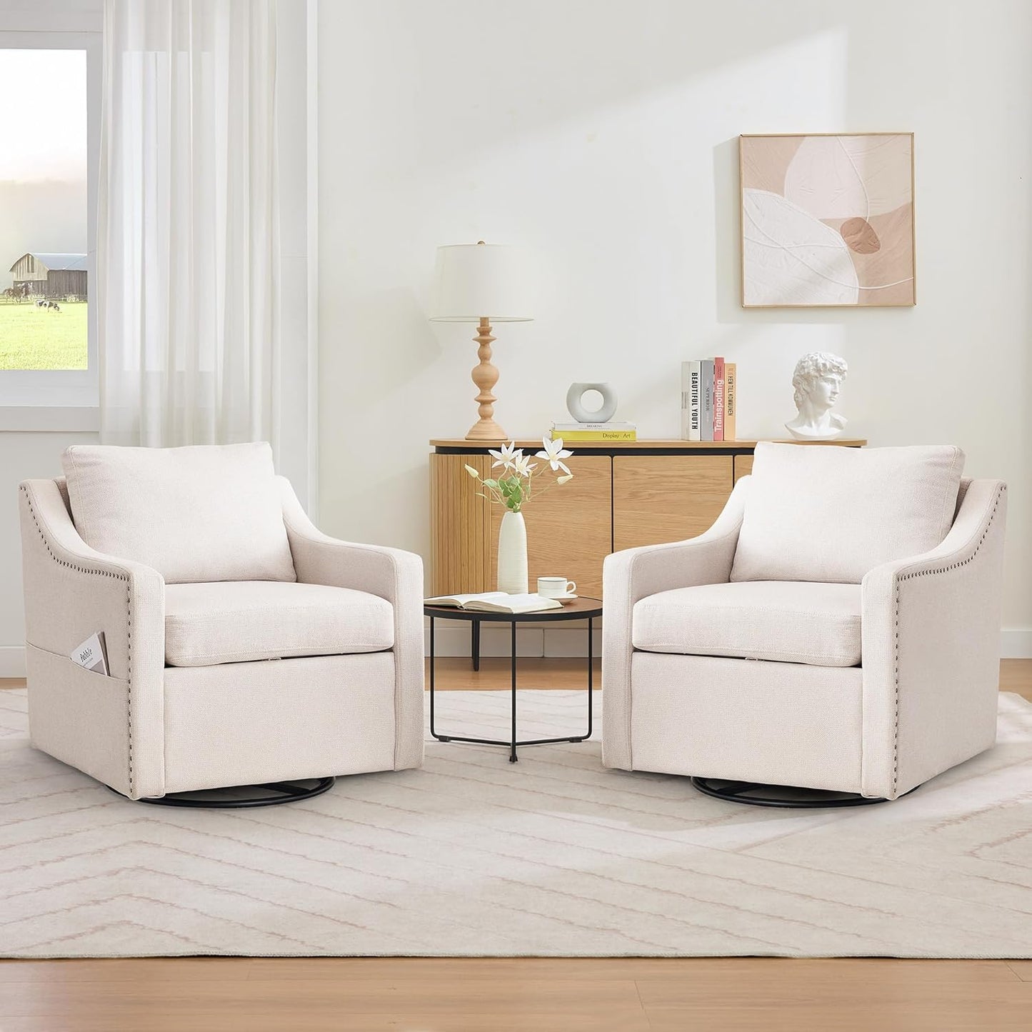 Mid-Century Modern Swivel Armchairs - Set of 2 Beige Linen
