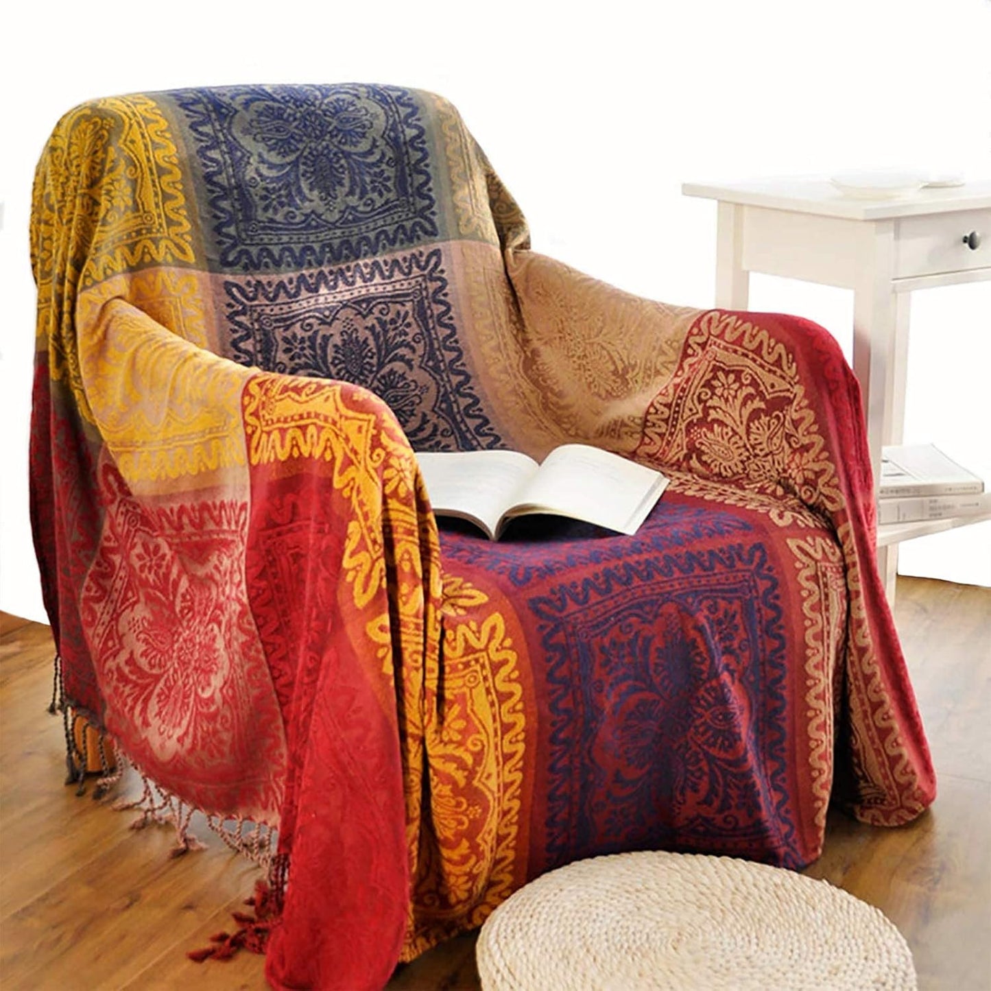 Boho Throw Blanket Chenille Jacquard Tassels for Cozy Decor
