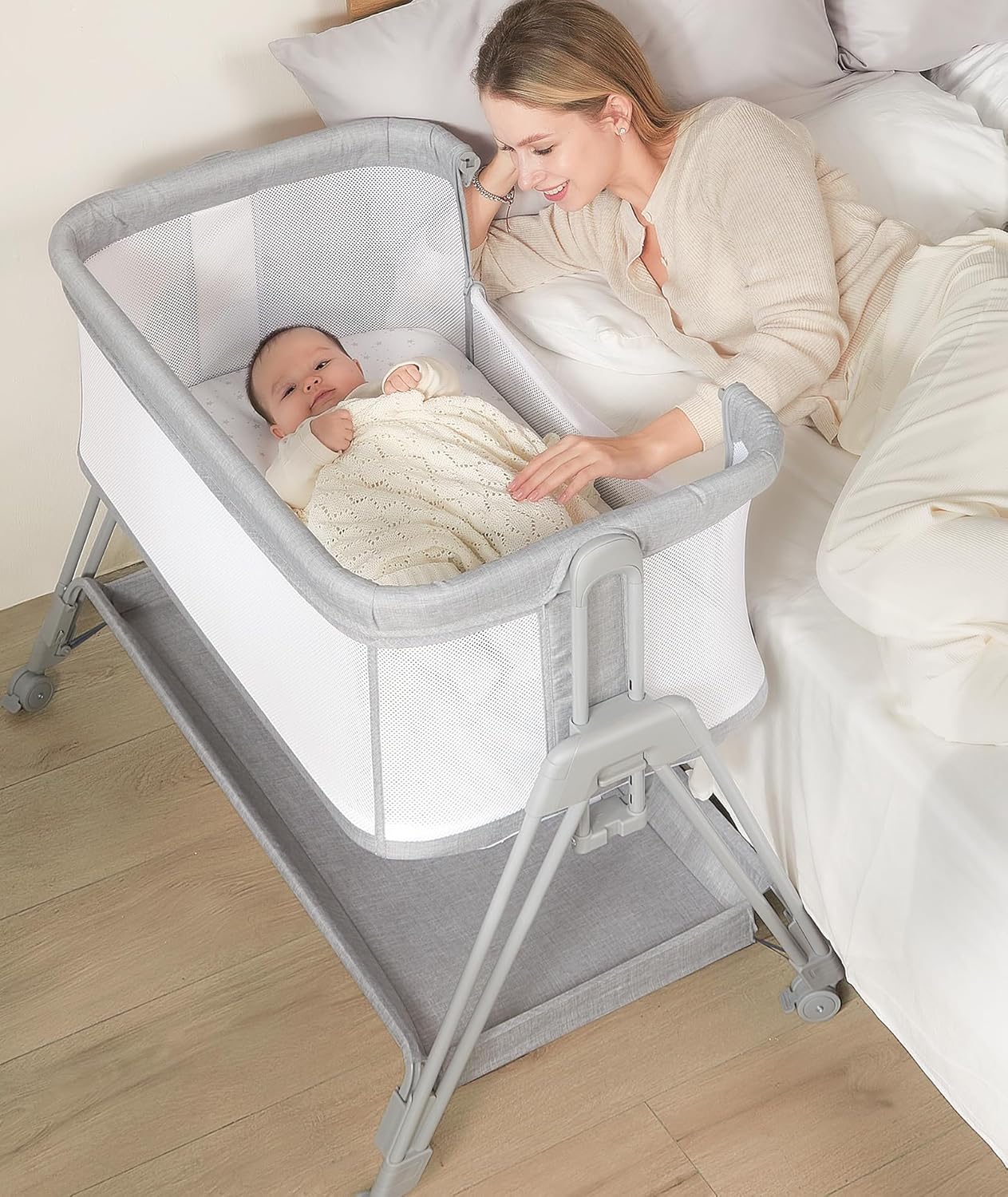 Baby Bassinet Bedside Sleeper with Wheels and Storage Tray