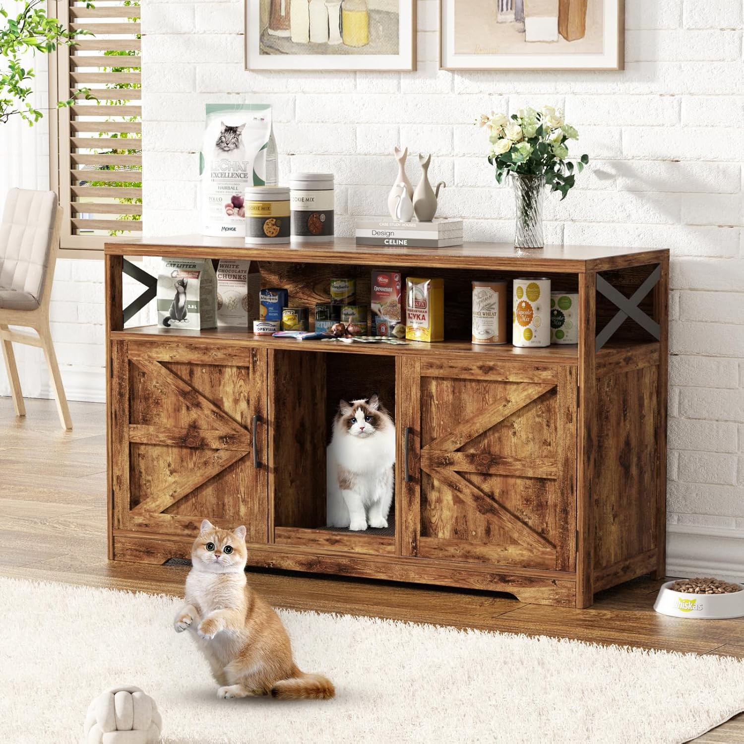 Cat Litter Box Enclosure for 2 Cats, Rustic Brown Furniture